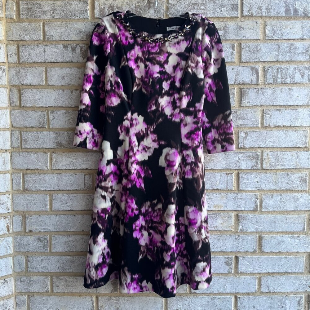 Eliza J 3/4 Sleeve Rhinestones Embellished Round Neck Floral Flared Dress Size 4